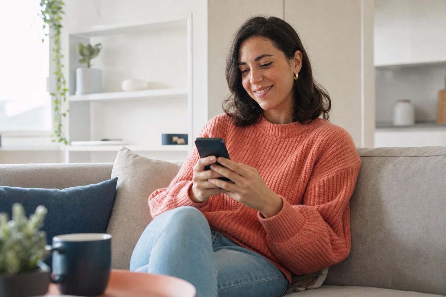 Une personne rassurée qui consulte ses options de financement sur son téléphone